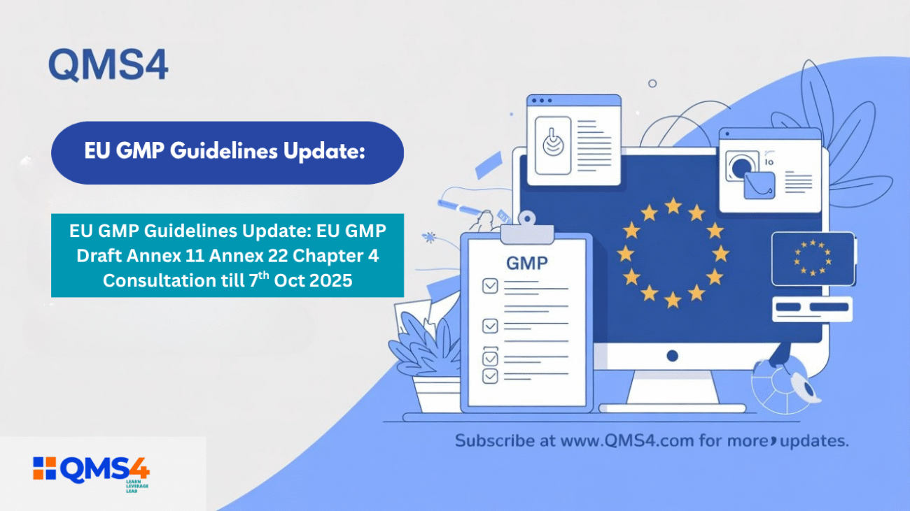 EU GMP guidelines update illustration showing compliance, digital systems, AI, and documentation with consultation open until 7 October 2025