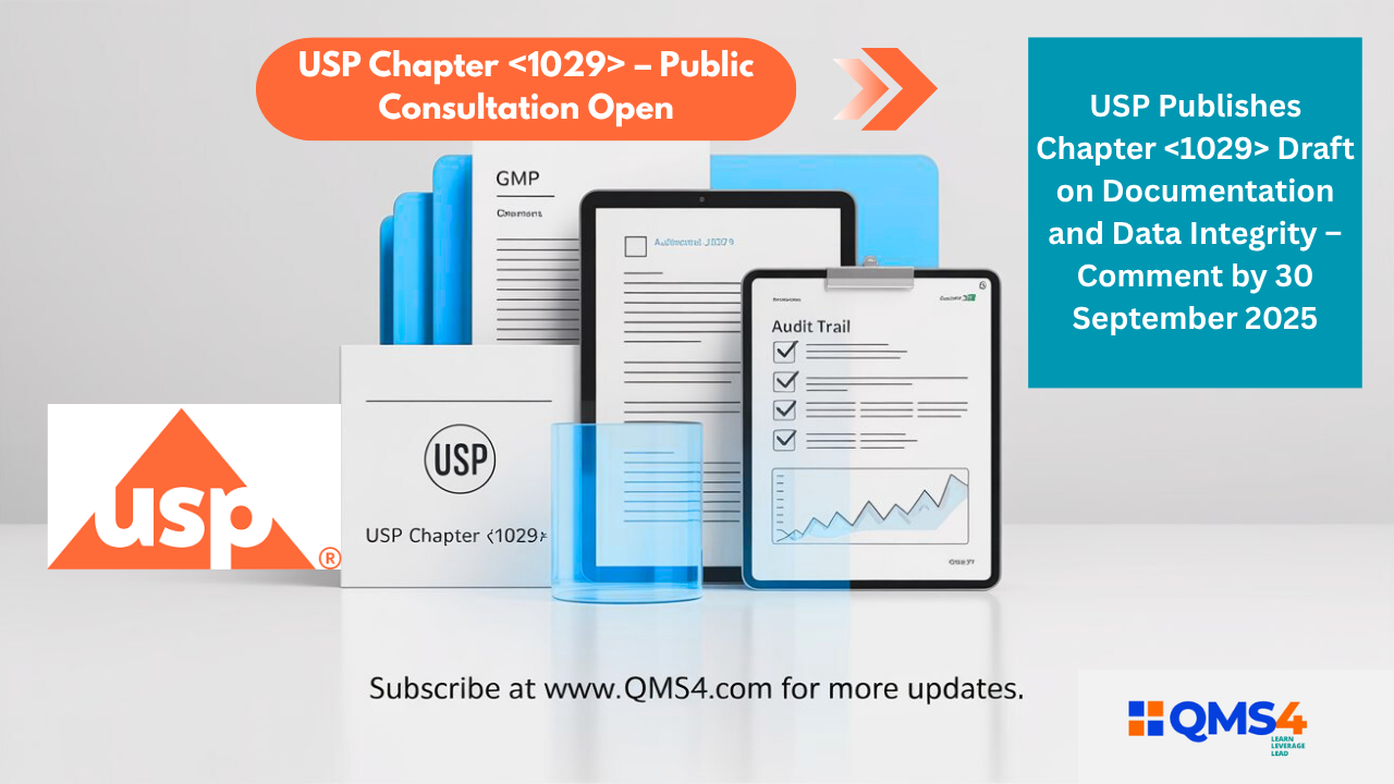 Illustration showing pharmaceutical documentation, data integrity, and USP Chapter draft open for public comment until 30 September 2025