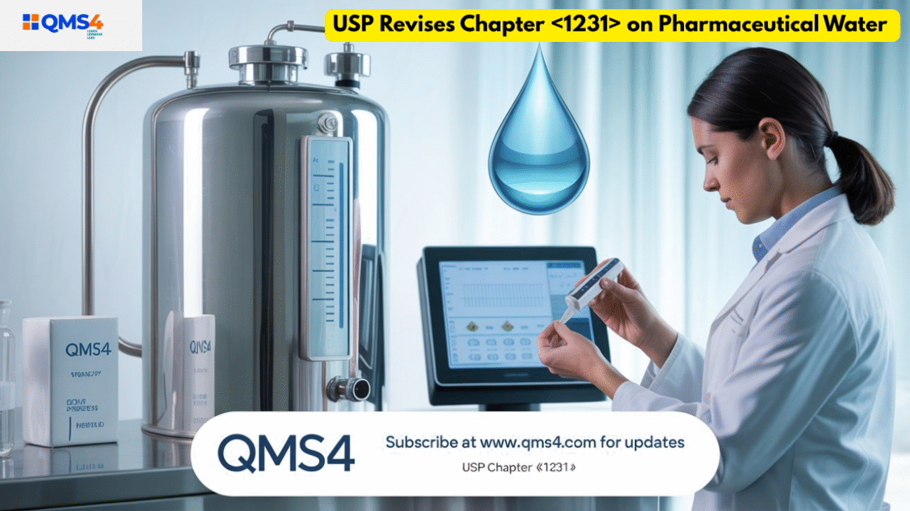 Illustration of pharmaceutical water system testing with TOC and conductivity meters, referencing USP Chapter draft revision for public comment.