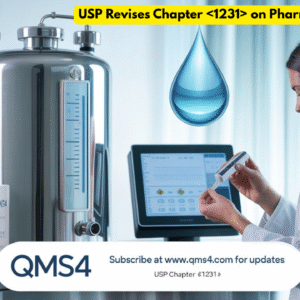 Illustration of pharmaceutical water system testing with TOC and conductivity meters, referencing USP Chapter draft revision for public comment.