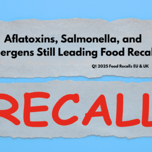 Q1 2025 food recalls in the EU and UK, highlighting aflatoxins, Salmonella, and milk allergens as top safety risks.