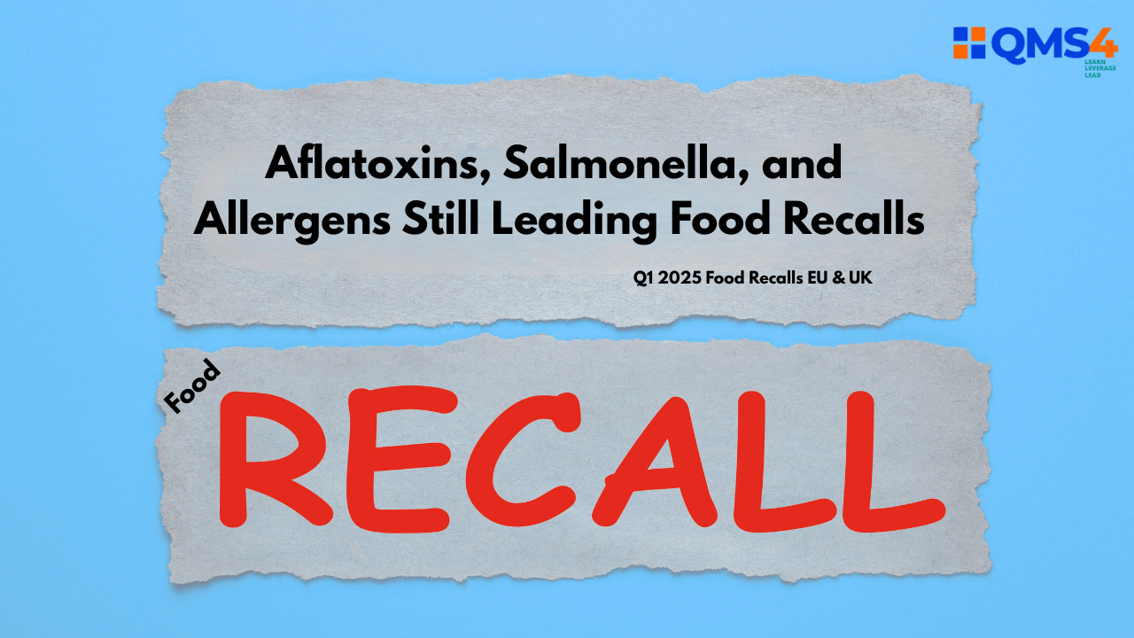 Q1 2025 food recalls in the EU and UK, highlighting aflatoxins, Salmonella, and milk allergens as top safety risks.