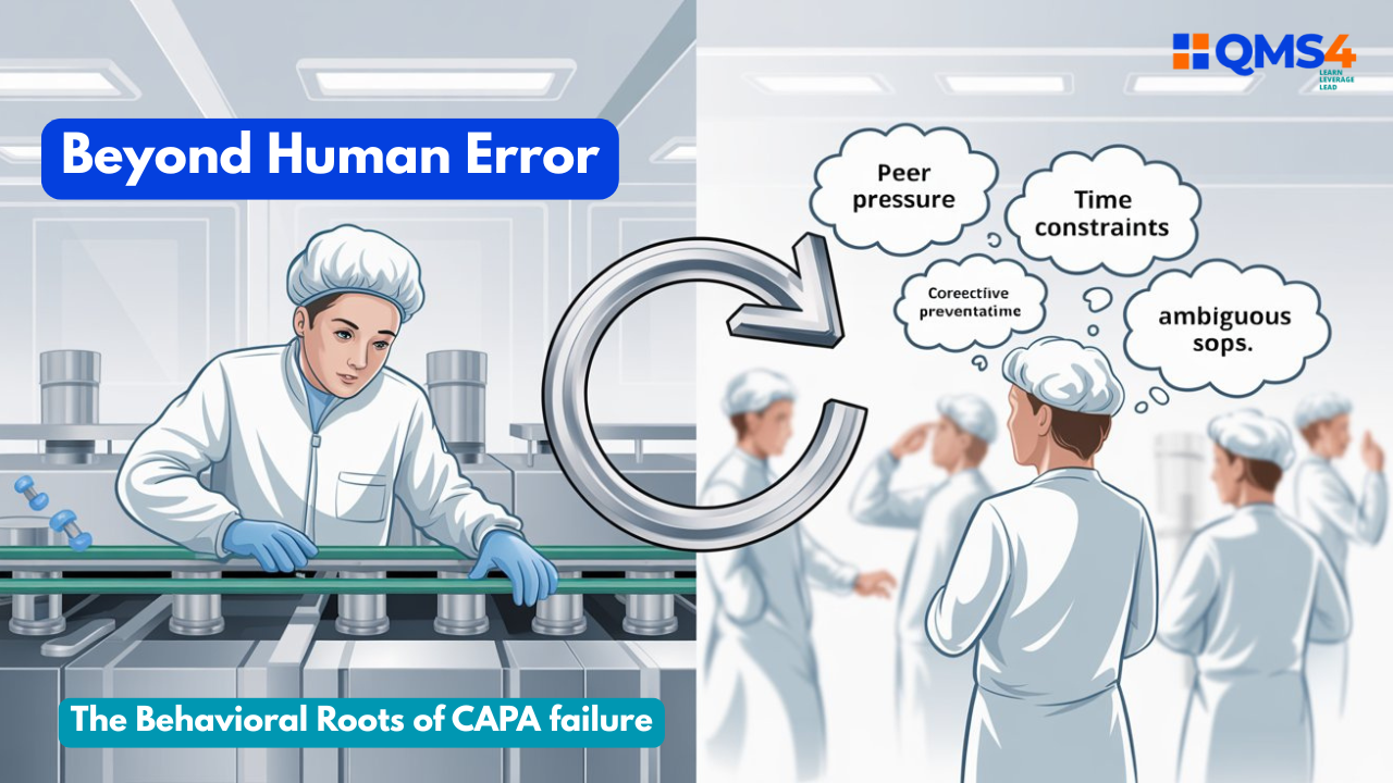 Operator placing component with fear; visual shows peer pressure and unclear SOPs as root behavioral causes of CAPA failure.