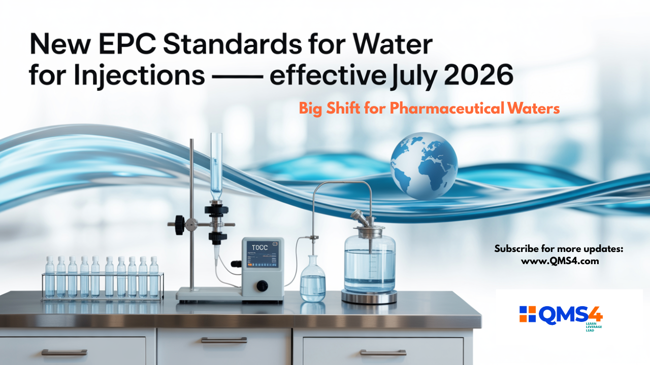 EPC revises pharmaceutical water standards — Water for Injections now tested using TOC method, effective July 2026.