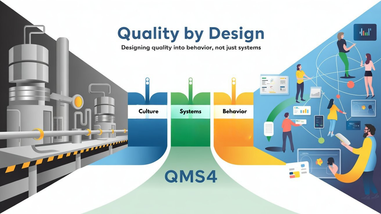 A visual representation of Quality by Design 2.0 with three pillars labeled Culture, Systems, and Behavior, emphasizing a holistic quality approach beyond technical processes.
