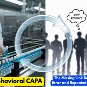 Split-screen photo of a pharmaceutical operator making a sequence error on the production line and shadowy figures with thought bubbles showing behavioral challenges like peer pressure and unclear SOPs.