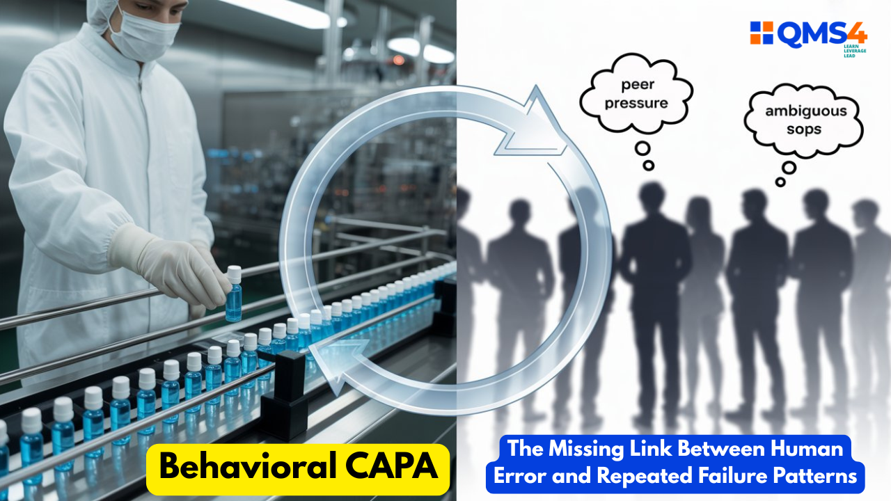 Split-screen photo of a pharmaceutical operator making a sequence error on the production line and shadowy figures with thought bubbles showing behavioral challenges like peer pressure and unclear SOPs.