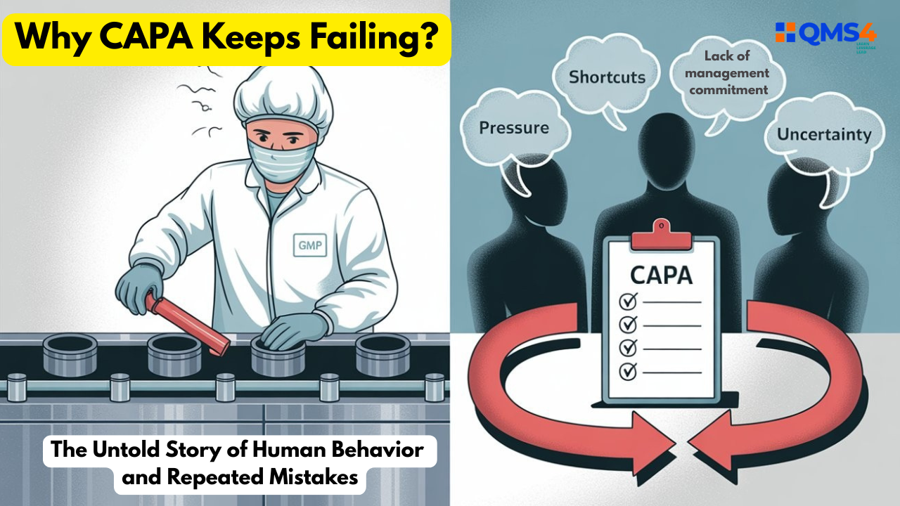 Visual representation of behavioral factors causing failures in CAPA processes within pharmaceutical quality management.