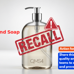 Hand soap bottle with red recall stamp, representing Walmart US hand soap recall over Burkholderia cepacia contamination.