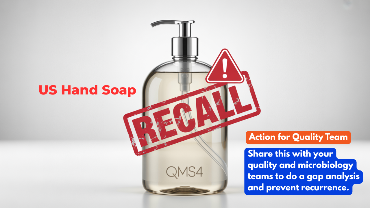 Hand soap bottle with red recall stamp, representing Walmart US hand soap recall over Burkholderia cepacia contamination.