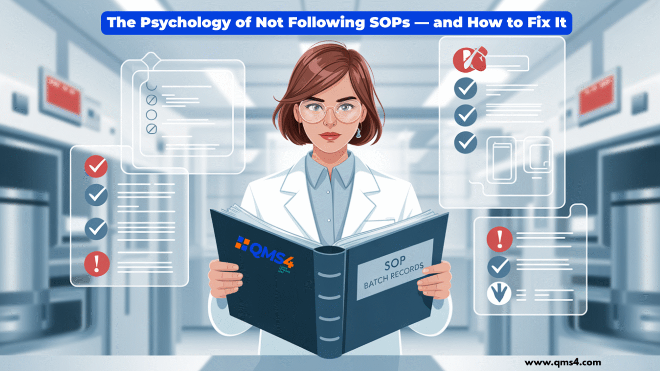 Pharmaceutical worker hesitating to follow SOP in GMP manufacturing environment
